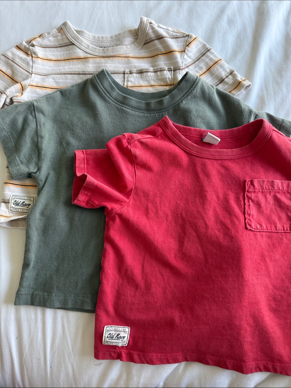 Old Navy Kids Short Sleeve boxy Pocket Tees - Olive, Red, Cream & Green Stripes